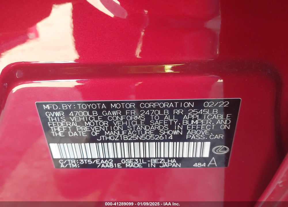 2022 LEXUS IS 350 F-SPORT VIN: JTHGZ1B25N5052614