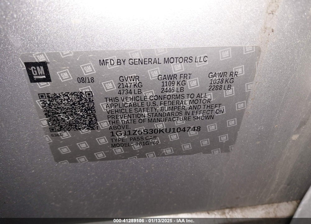 2019 CHEVROLET IMPALA LT VIN: 1G11Z5S30KU104748