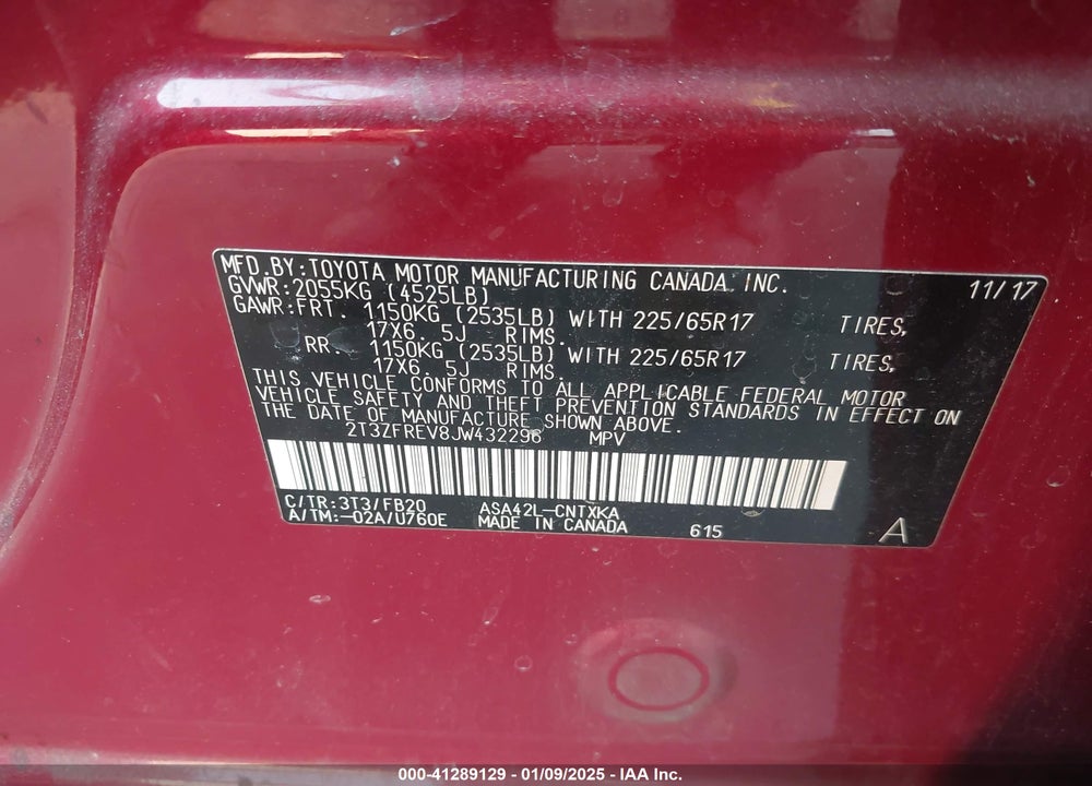 2018 TOYOTA RAV4 VIN: 2T3ZFREV8JW432296