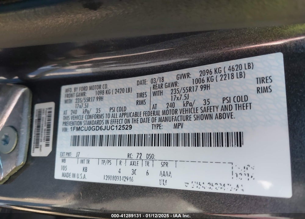 2018 FORD ESCAPE SE VIN: 1FMCU0GD6JUC12529
