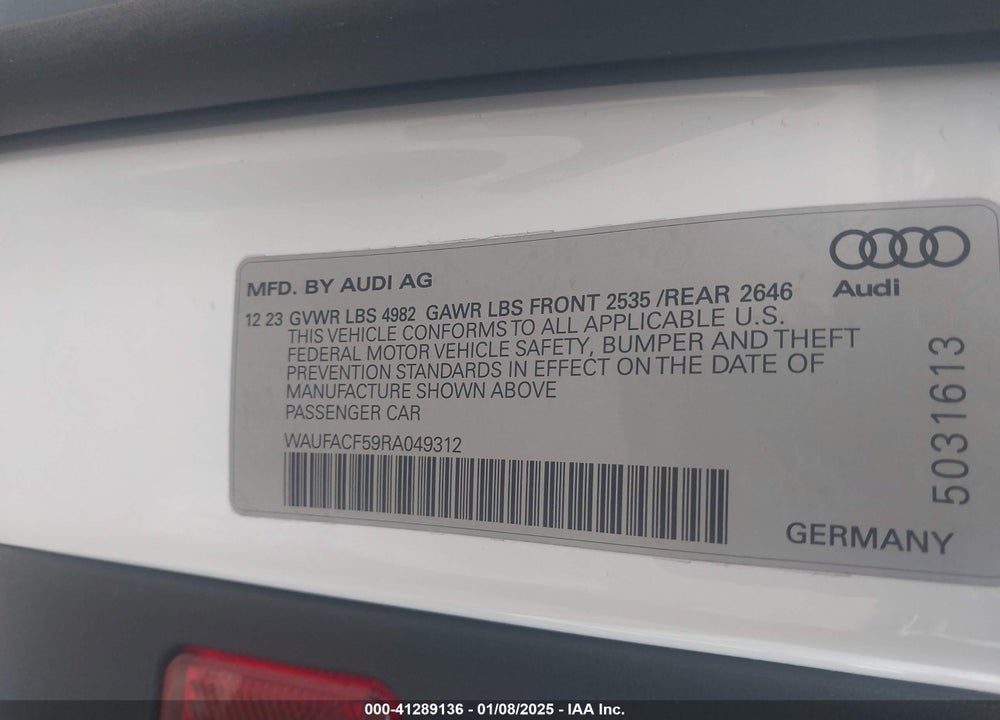 2024 AUDI A5 SPORTBACK PREMIUM PLUS 45 TFSI QUATTRO S TRONIC VIN: WAUFACF59RA049312