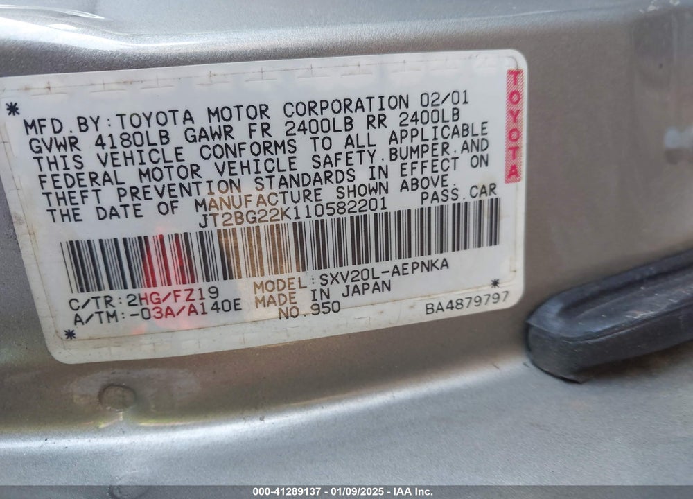 2001 TOYOTA CAMRY VIN: JT2BG22K110582201