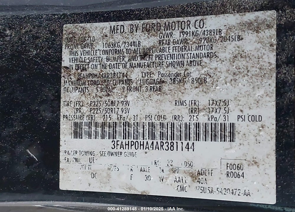 2010 FORD FUSION SE VIN: 3FAHP0HA4AR381144
