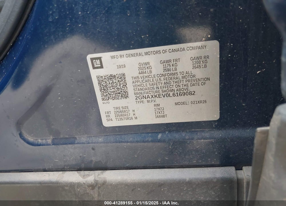 2020 CHEVROLET EQUINOX VIN: 2GNAXKEV0L6169082
