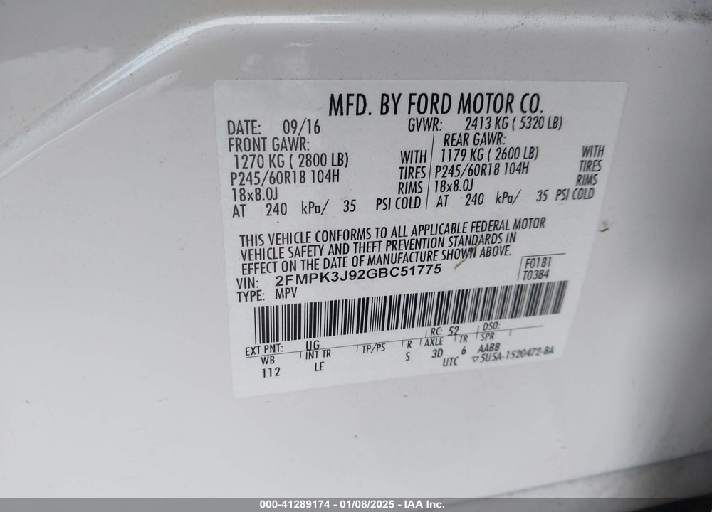 2016 FORD EDGE SEL VIN: 2FMPK3J92GBC51775