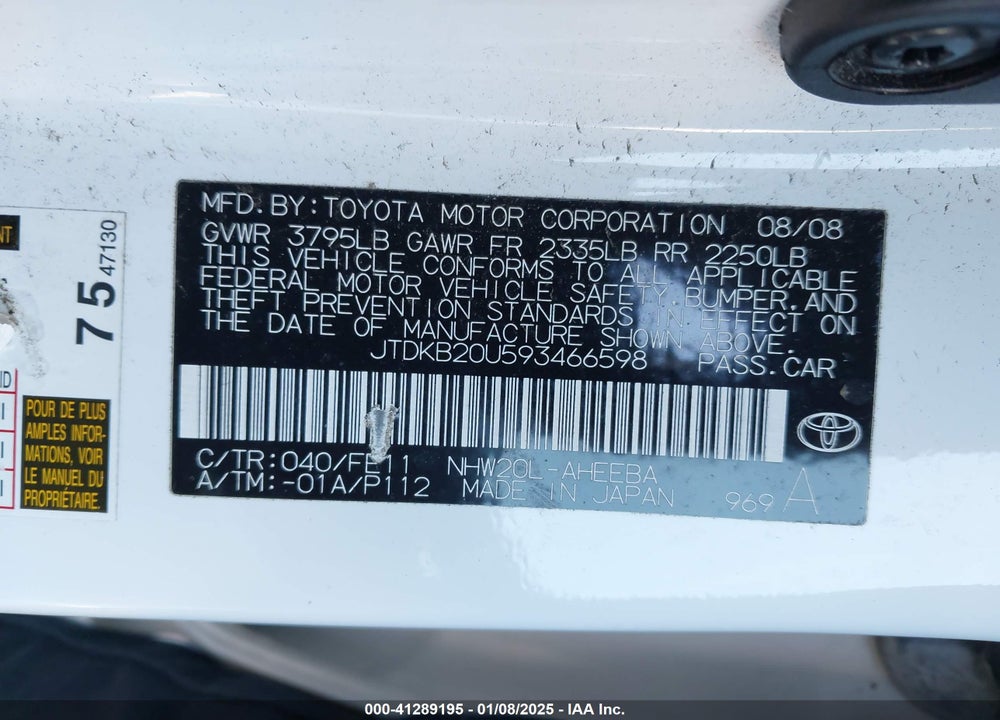 2009 TOYOTA PRIUS VIN: JTDKB20U593466598