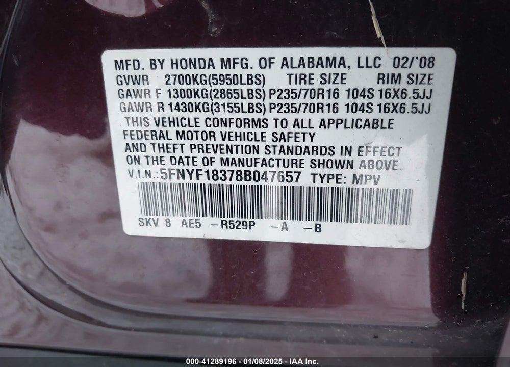 2008 HONDA PILOT SE VIN: 5FNYF18378B047657