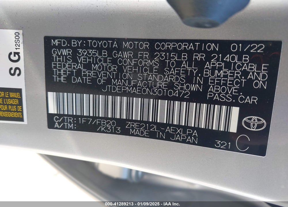 2022 TOYOTA COROLLA VIN: JTDEPMAE0N3010472