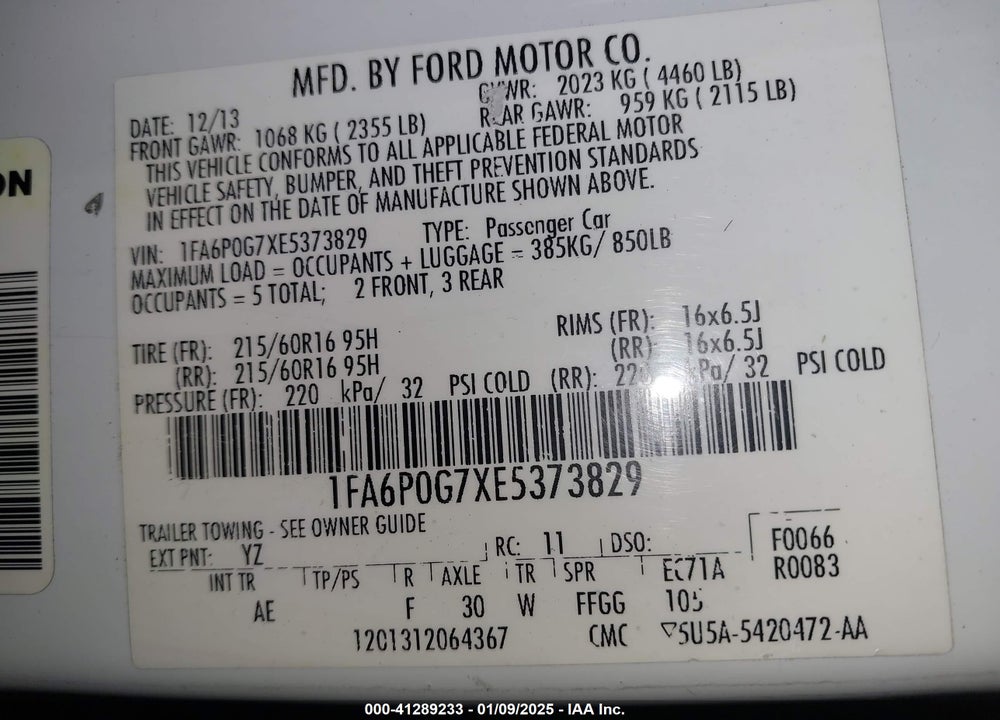 2014 FORD FUSION VIN: 1FA6P0G7XE5373829