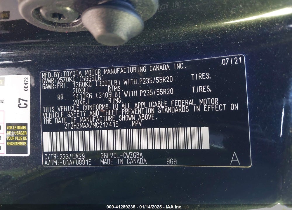 2021 LEXUS RX 350 VIN: 2T2HZMAA7MC217415