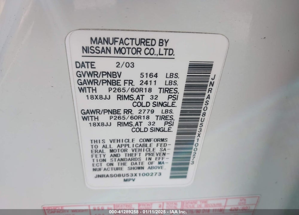 2003 INFINITI FX35 VIN: JNRAS08U53X100273