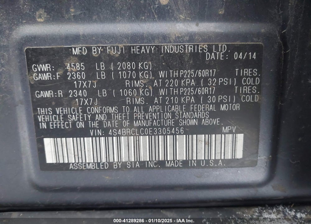 2014 SUBARU OUTBACK 2.5I LIMITED VIN: 4S4BRCLC0E3305456