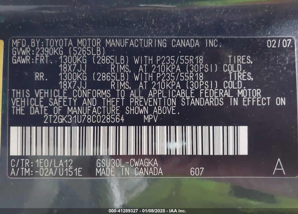 2008 LEXUS RX 350 VIN: 2T2GK31U78C028564