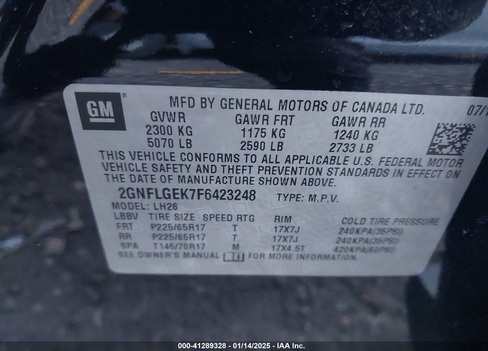 2015 CHEVROLET EQUINOX 2LT VIN: 2GNFLGEK7F6423248