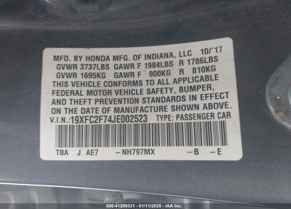 2018 HONDA CIVIC EX VIN: 19XFC2F74JE002523