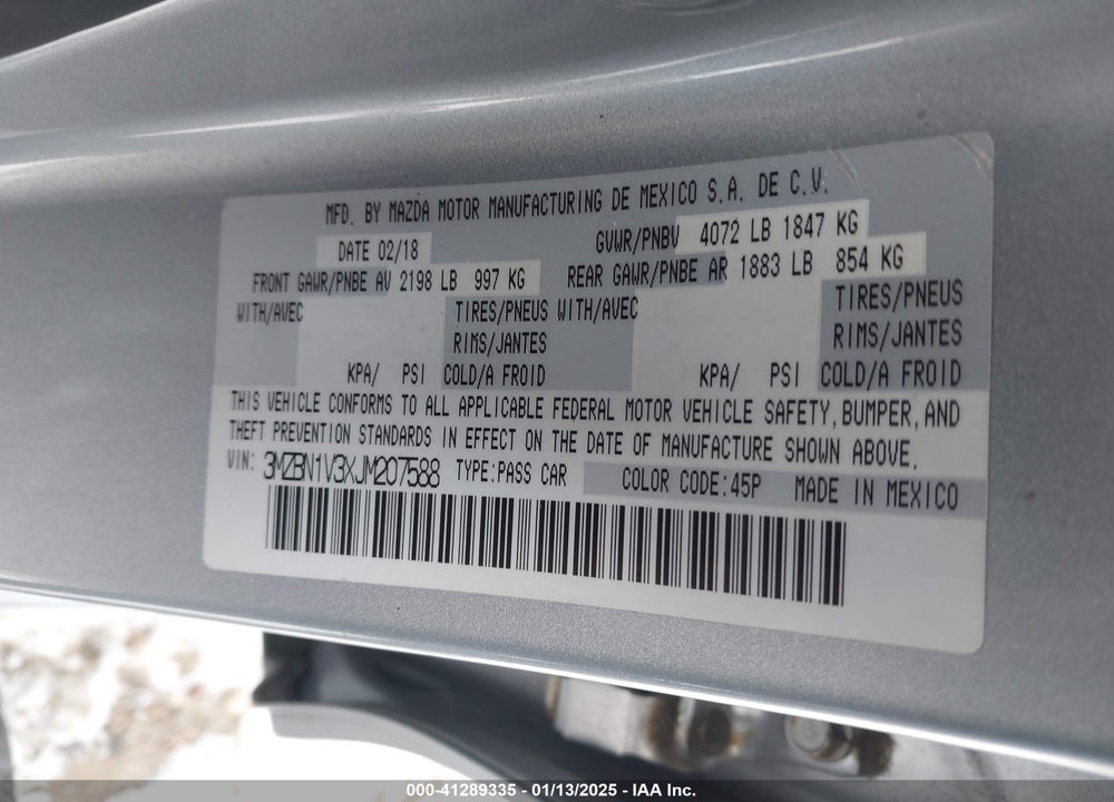 2018 MAZDA 3 TOURING VIN: 3MZBN1V3XJM207588