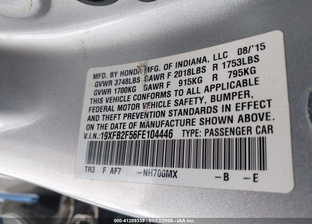 2015 HONDA CIVIC LX VIN: 19XFB2F56FE104446