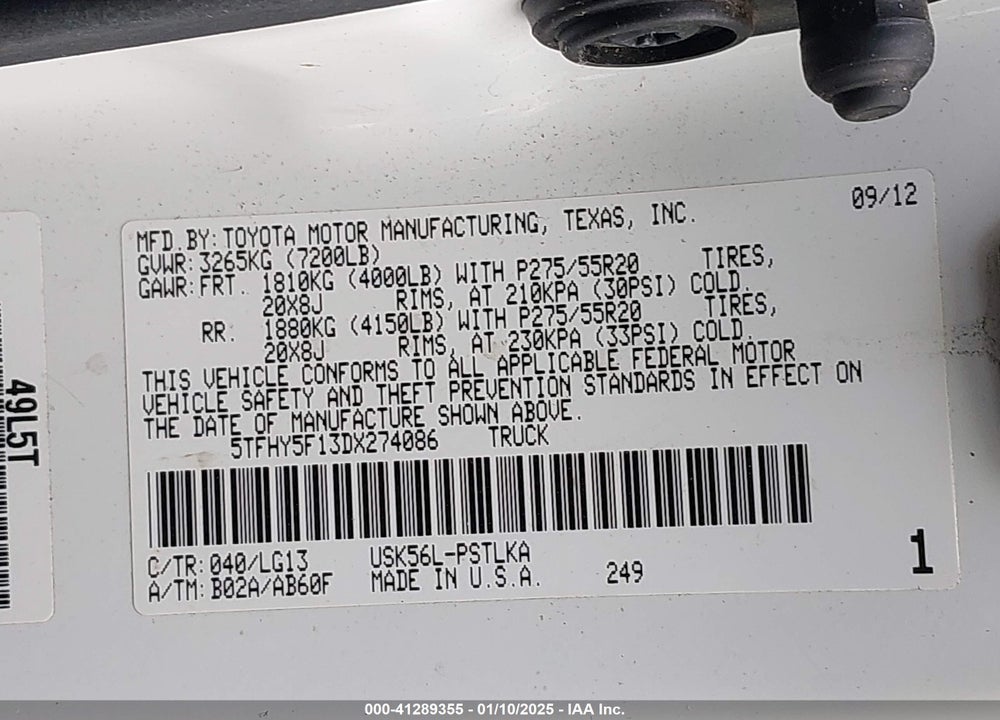 2013 TOYOTA TUNDRA PLATINUM 5.7L V8 VIN: 5TFHY5F13DX274086