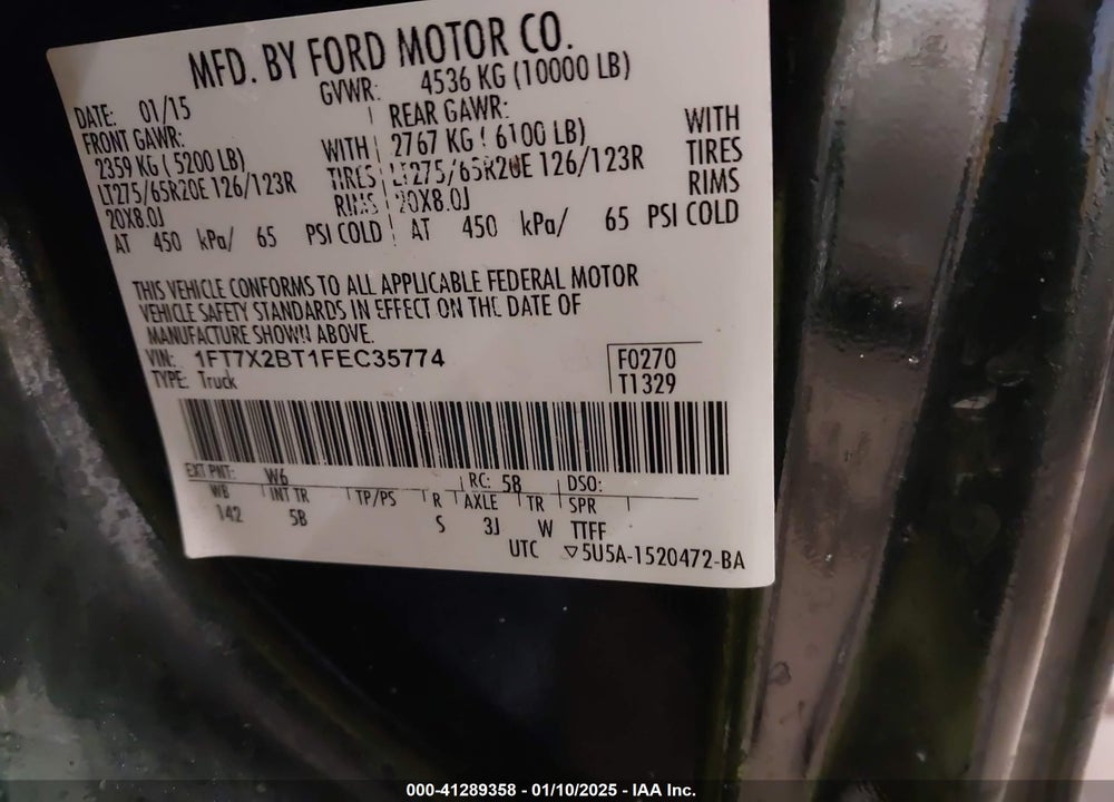 2015 FORD F250 VIN: 1FT7X2BT1FEC35774