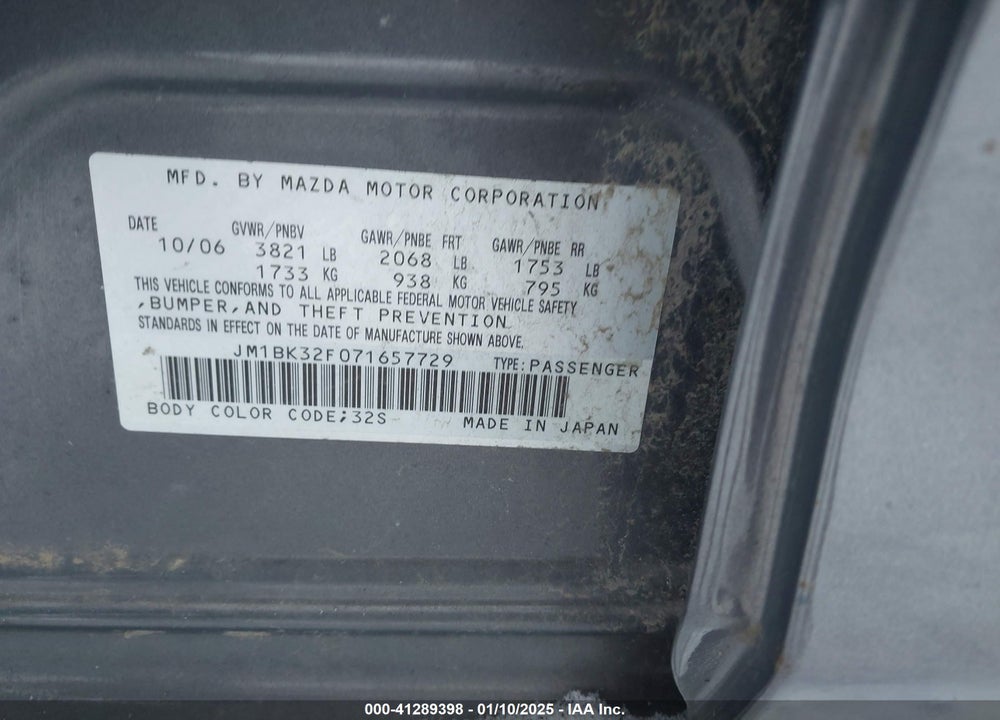 2007 MAZDA MAZDA3 VIN: JM1BK32F071657729