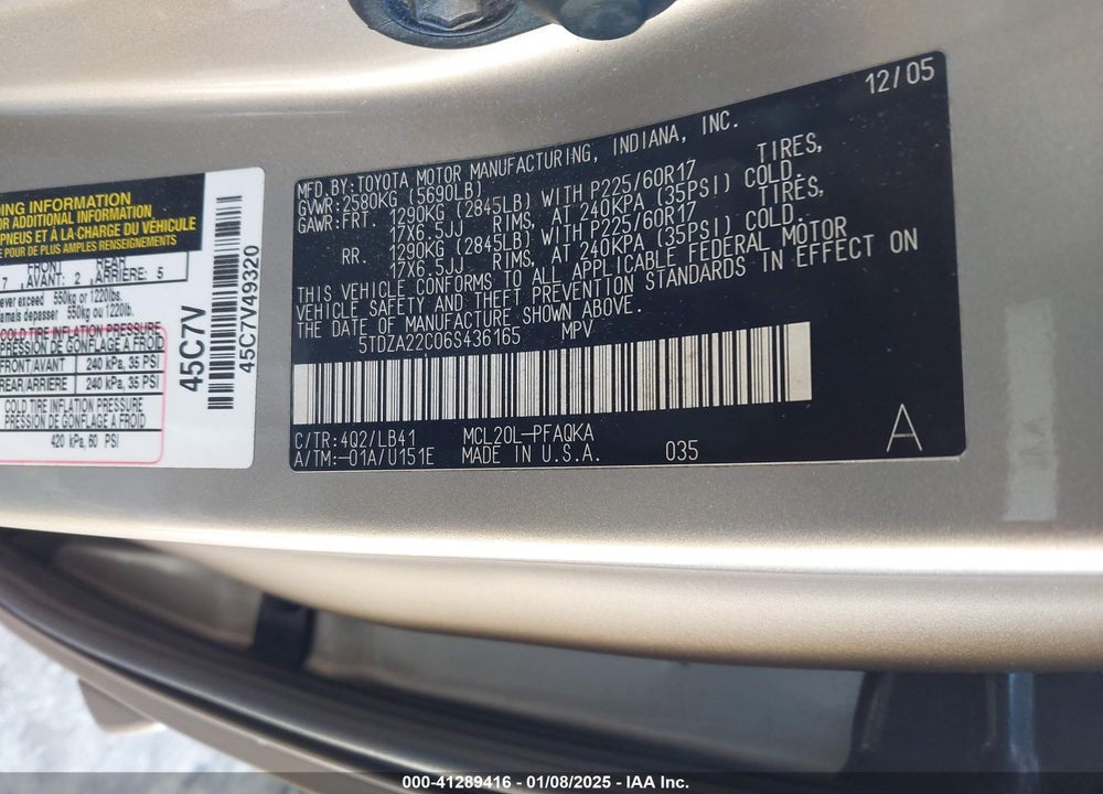 2006 TOYOTA SIENNA XLE VIN: 5TDZA22C06S436165
