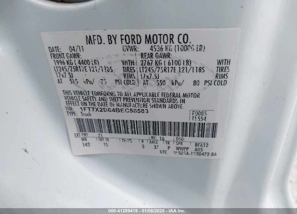 2011 FORD F-250 XL VIN: 1FT7X2B64BEC58583
