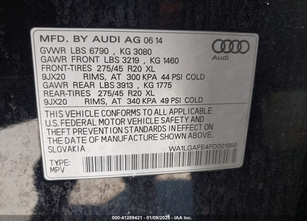 2015 AUDI Q7 3.0T PREMIUM VIN: WA1LGAFE4FD001956