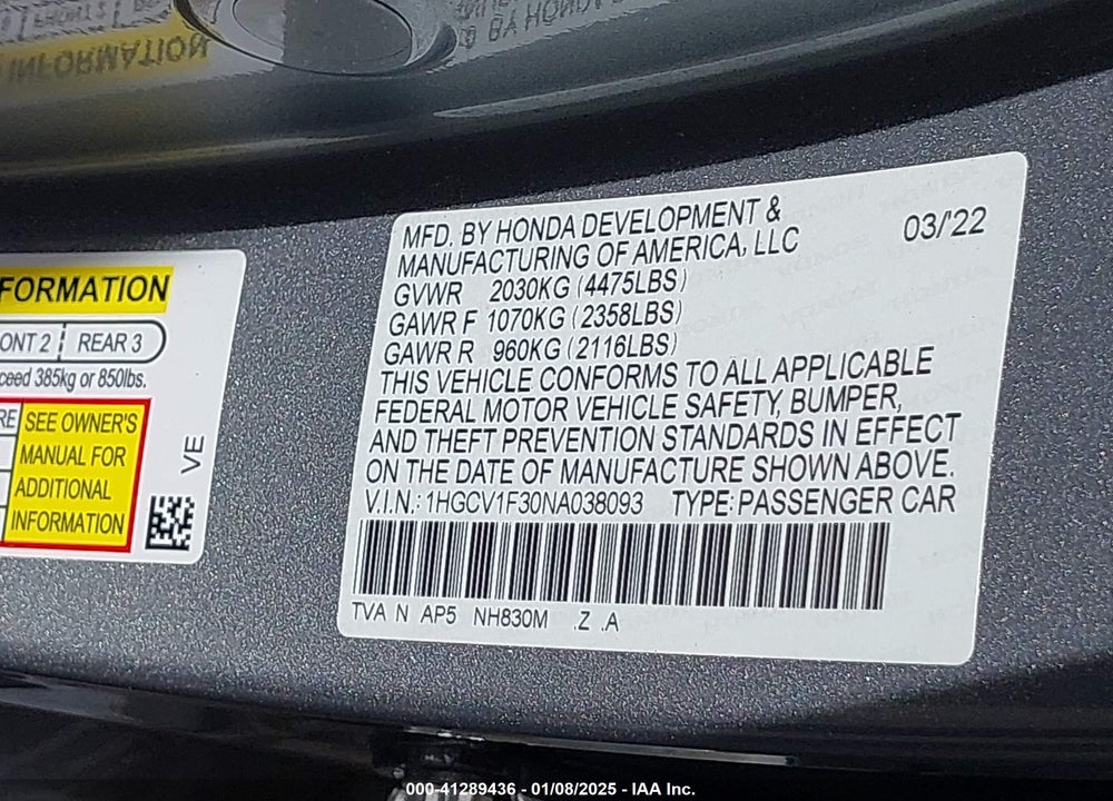 2022 HONDA ACCORD VIN: 1HGCV1F30NA038093