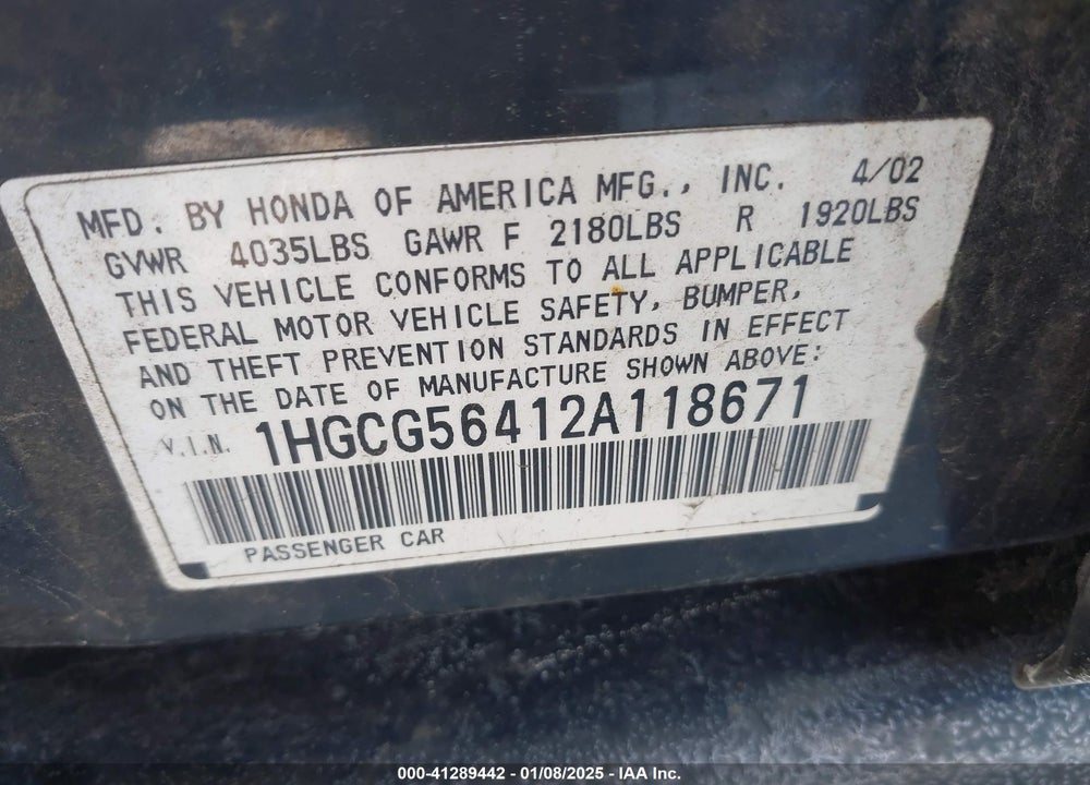 2002 HONDA ACCORD 2.3 LX VIN: 1HGCG56412A118671
