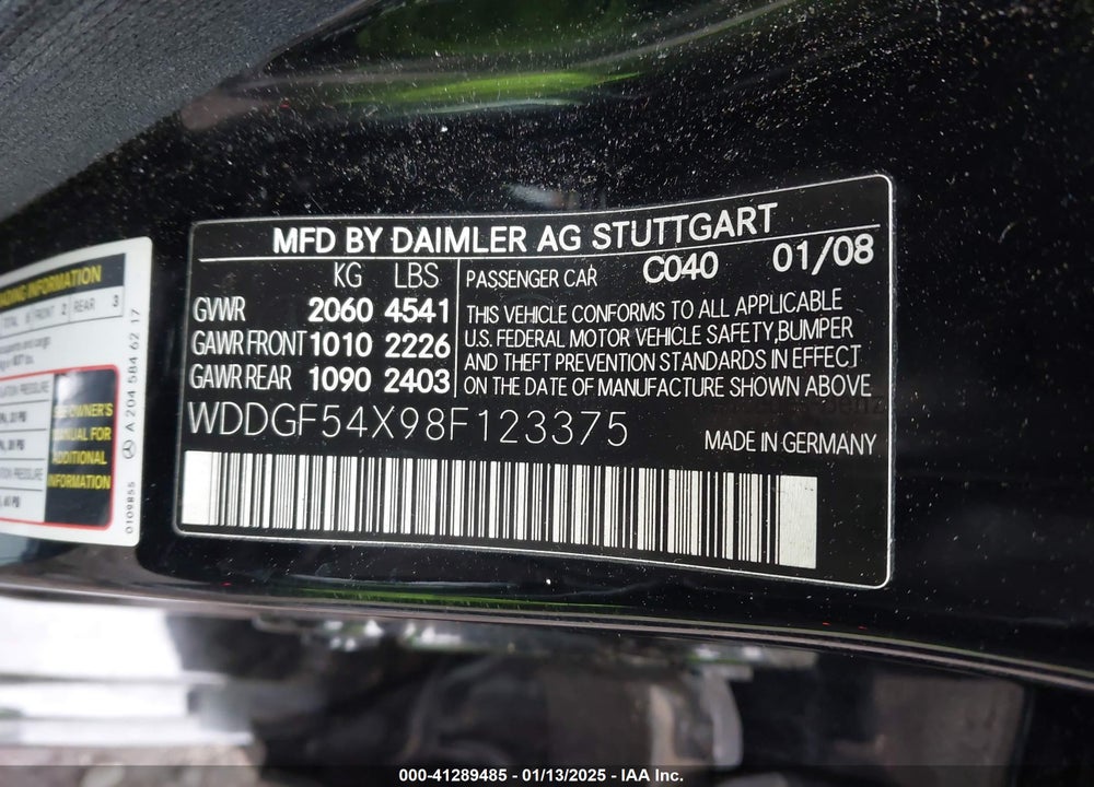 2008 MERCEDES-BENZ C 300 VIN: WDDGF54X98F123375