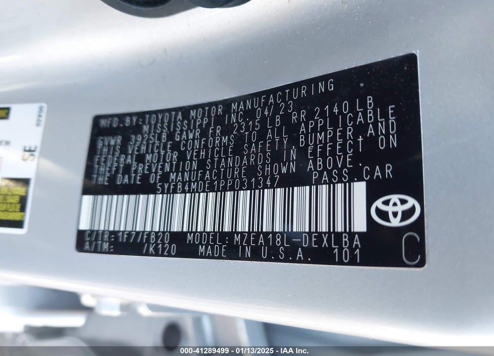 2023 TOYOTA COROLLA LE VIN: 5YFB4MDE1PP031347