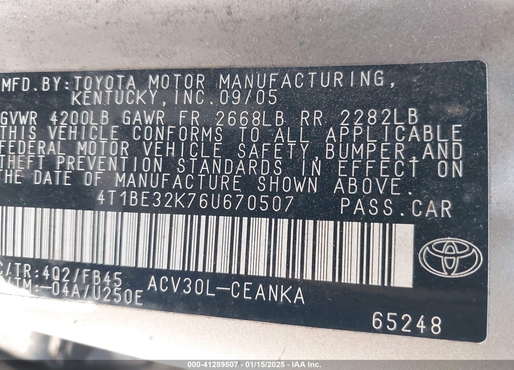 2006 TOYOTA CAMRY VIN: 4T1BE32K76U670507