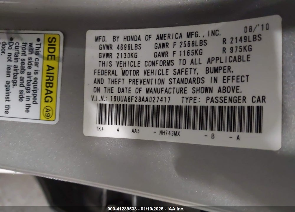 2010 ACURA TL 3.5 VIN: 19UUA8F28AA027417
