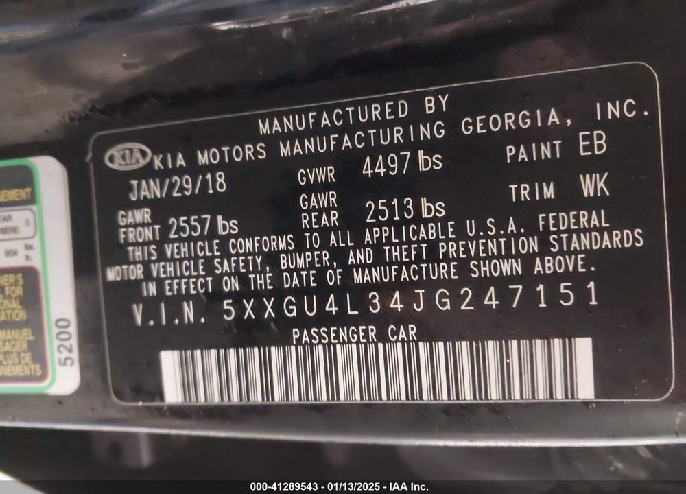 2018 KIA OPTIMA EX VIN: 5XXGU4L34JG247151