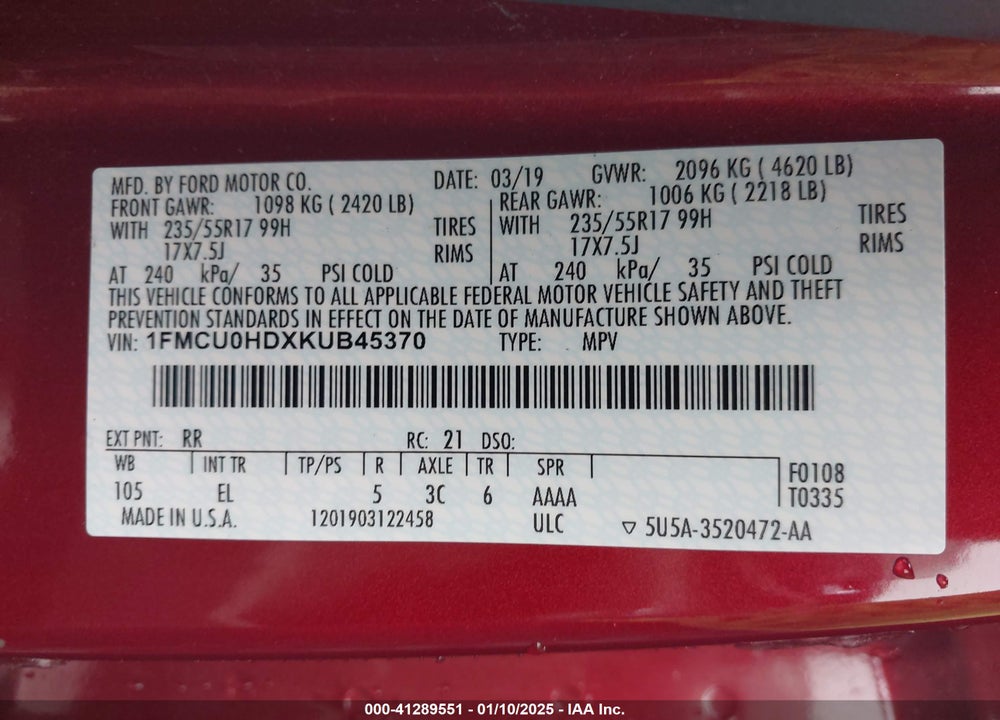 2019 FORD ESCAPE SEL VIN: 1FMCU0HDXKUB45370