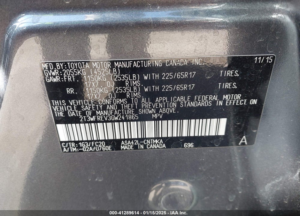 2016 TOYOTA RAV4 XLE VIN: 2T3WFREV3GW241865