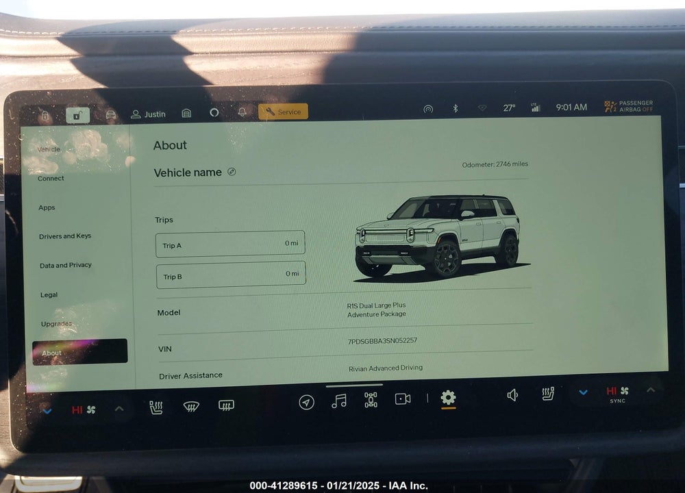 2025 RIVIAN R1S ADVENTURE DUAL MOTOR LARGE PACK/ADVENTURE DUAL MOTOR MAX PACK VIN: 7PDSGBBA3SN052257