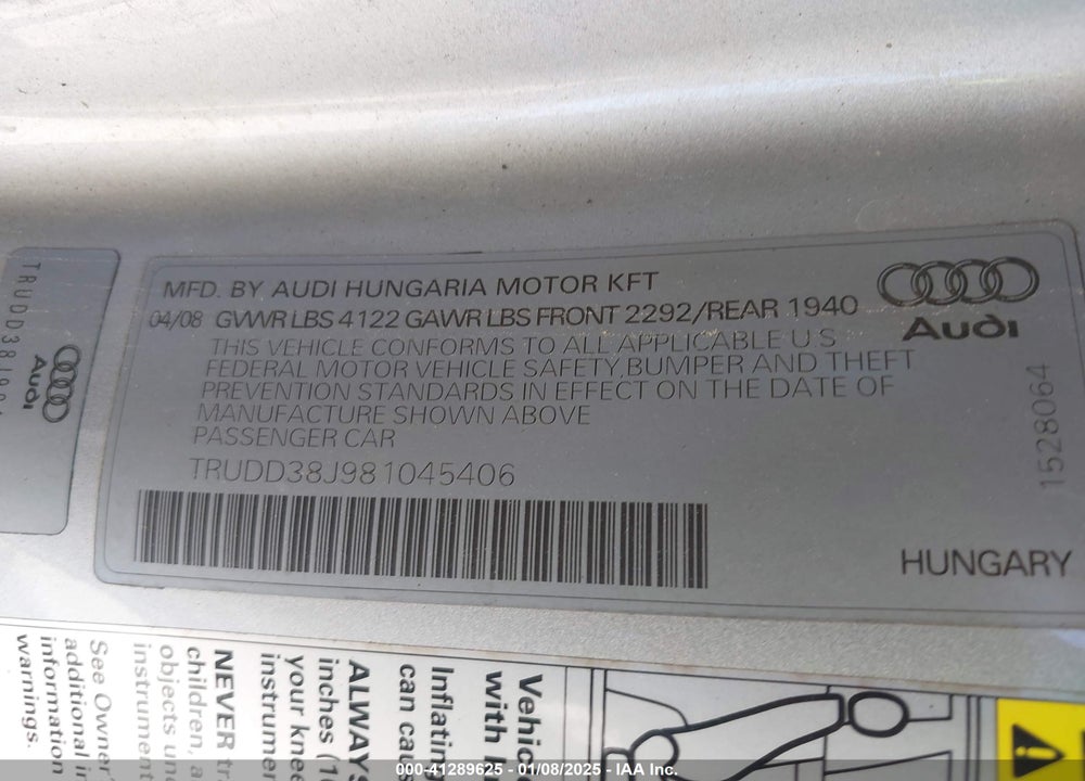 2008 AUDI TT 3.2 VIN: TRUDD38J981045406