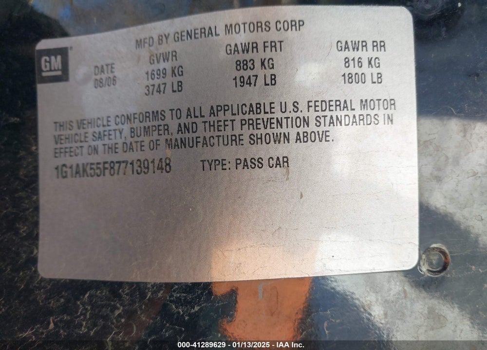 2007 CHEVROLET COBALT LS VIN: 1G1AK55F877139148
