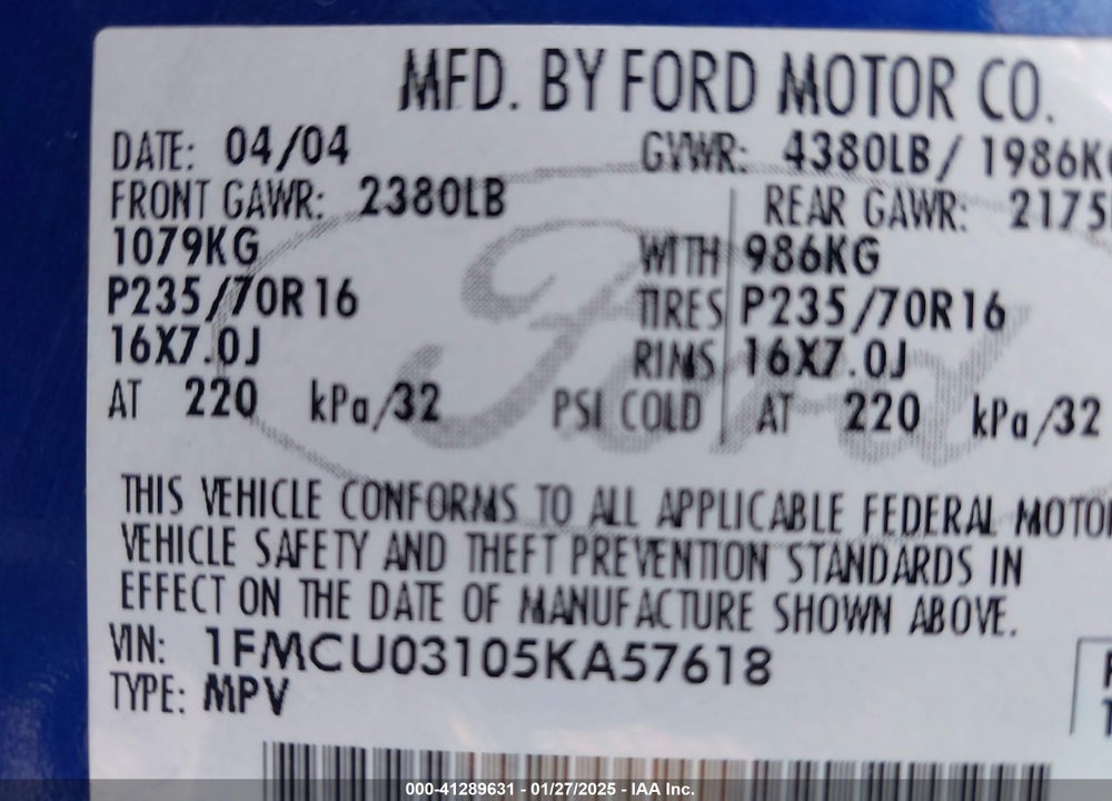 2005 FORD ESCAPE XLT VIN: 1FMCU03105KA57618