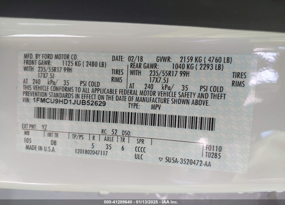 2018 FORD ESCAPE SEL VIN: 1FMCU9HD1JUB52629