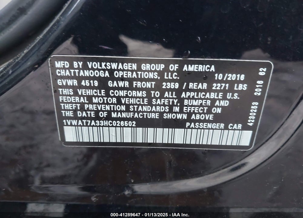 2017 VOLKSWAGEN PASSAT 1.8T S VIN: 1VWAT7A33HC026502