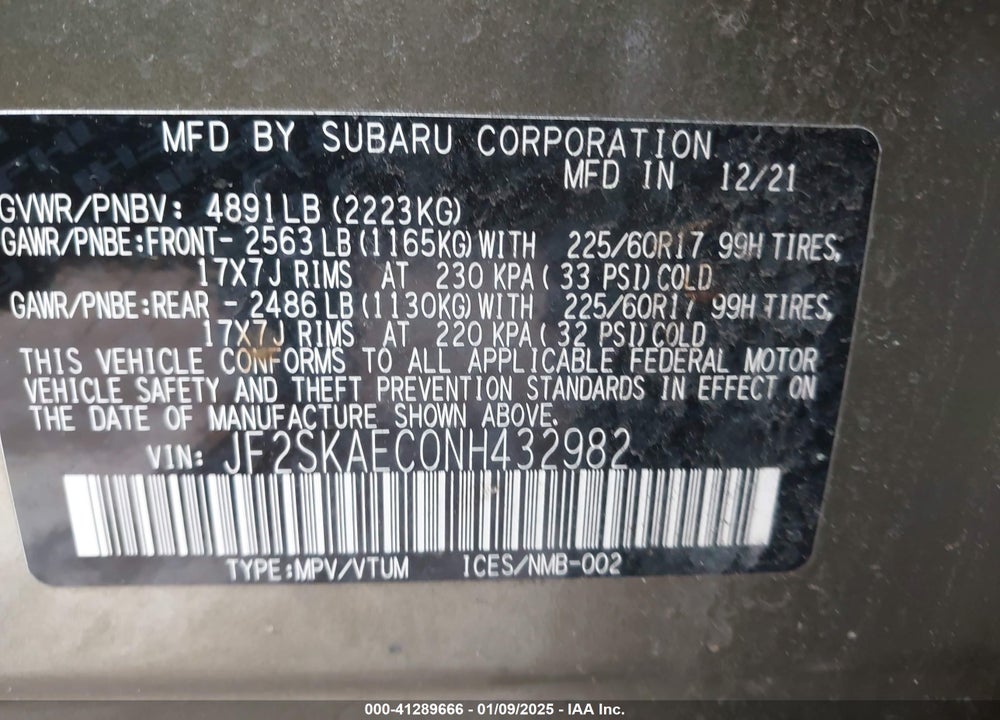 2022 SUBARU FORESTER VIN: JF2SKAEC0NH432982