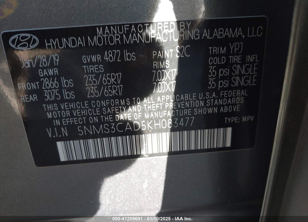 2019 HYUNDAI SANTA FE VIN: 5NMS3CAD5KH083477