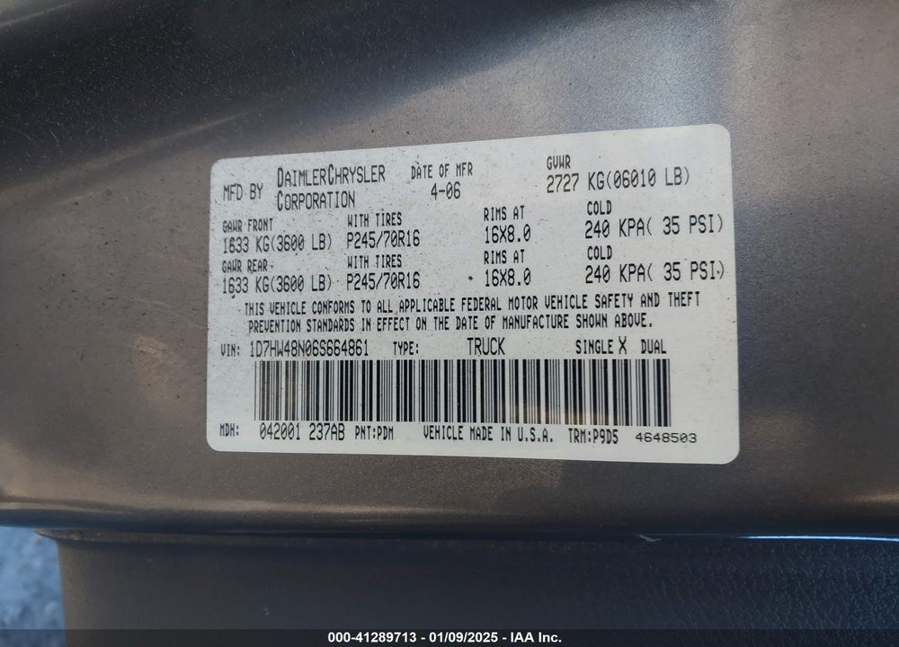 2006 DODGE DAKOTA SLT VIN: 1D7HW48N06S664861