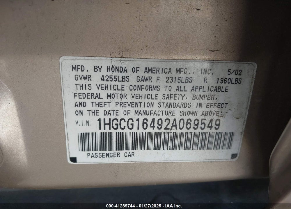 2002 HONDA ACCORD 3.0 LX VIN: 1HGCG16492A069549