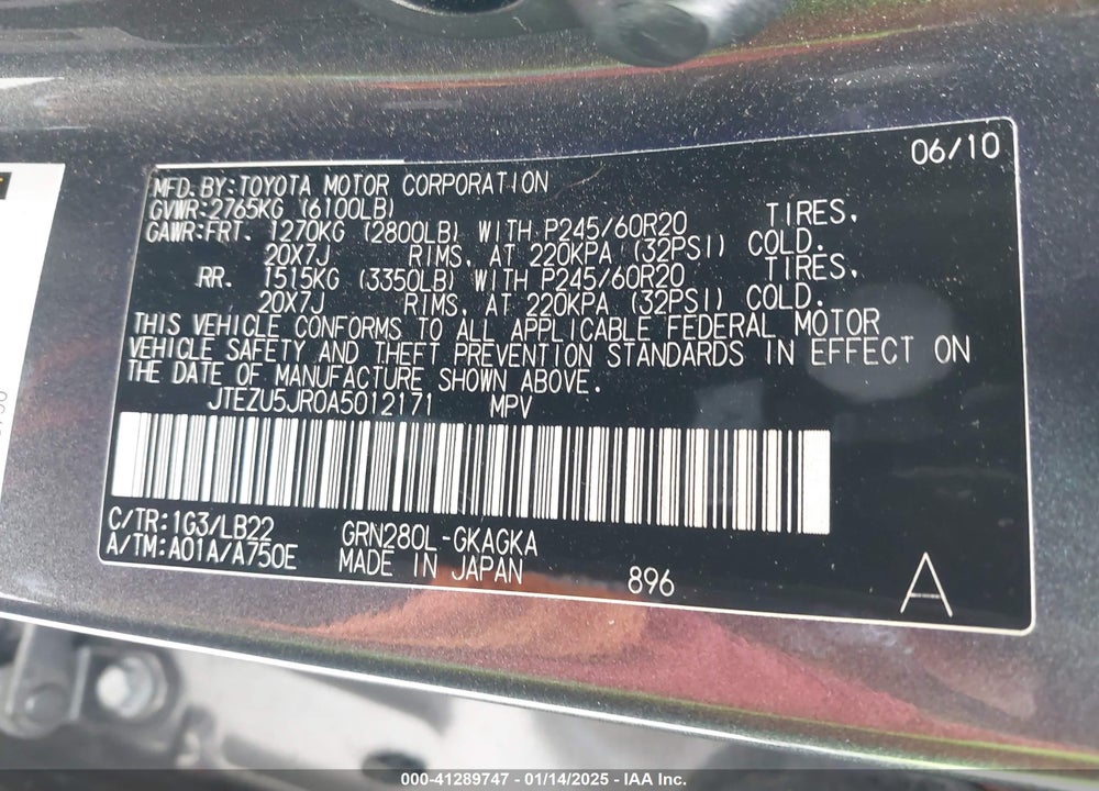 2010 TOYOTA 4RUNNER LIMITED V6 VIN: JTEZU5JR0A5012171