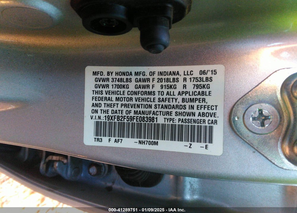2015 HONDA CIVIC VIN: 19XFB2F59FE083981