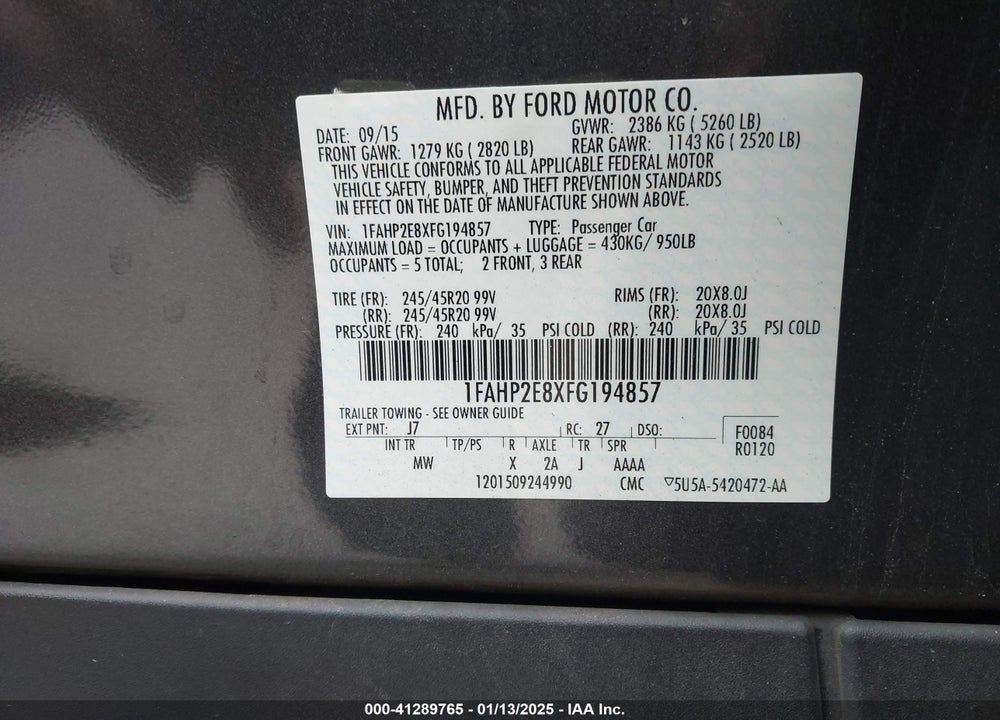 2015 FORD TAURUS SEL VIN: 1FAHP2E8XFG194857