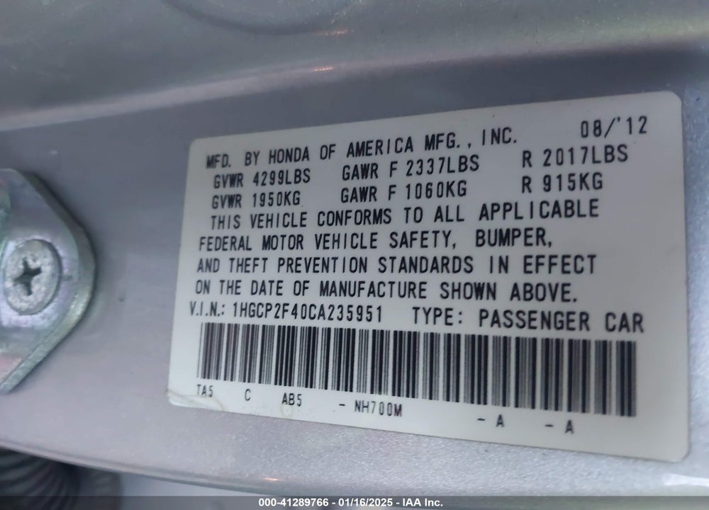 2012 HONDA ACCORD SDN LX PREMIUM VIN: 1HGCP2F40CA235951